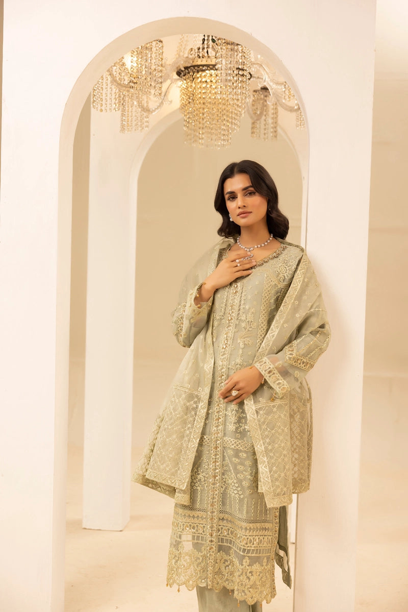 Qalamkar Premium Inspired Embroidered 3 Piece Organza Wedding Outfit Pastel Green - Desi Posh