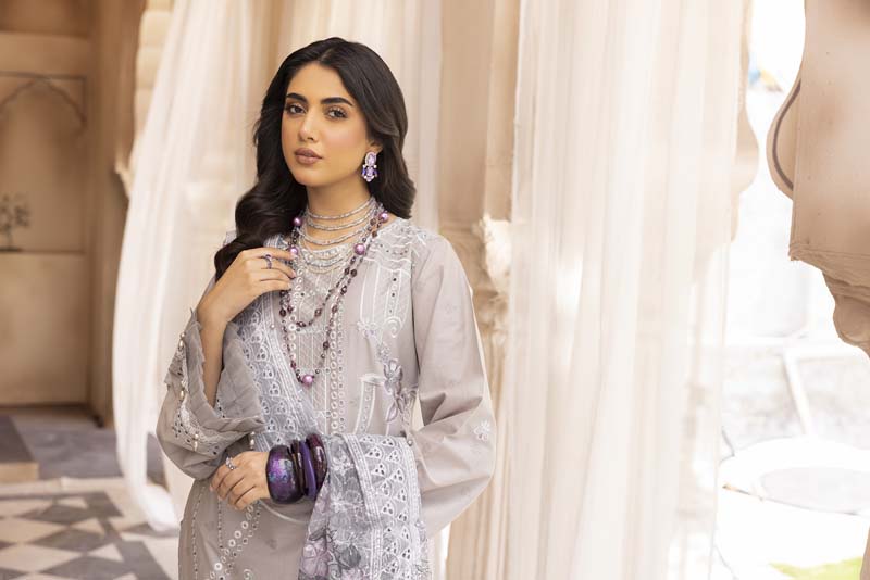 Chikan Kari Embroidered 3 Piece Eid Outfit With Net Dupatta Al606 - Desi Posh