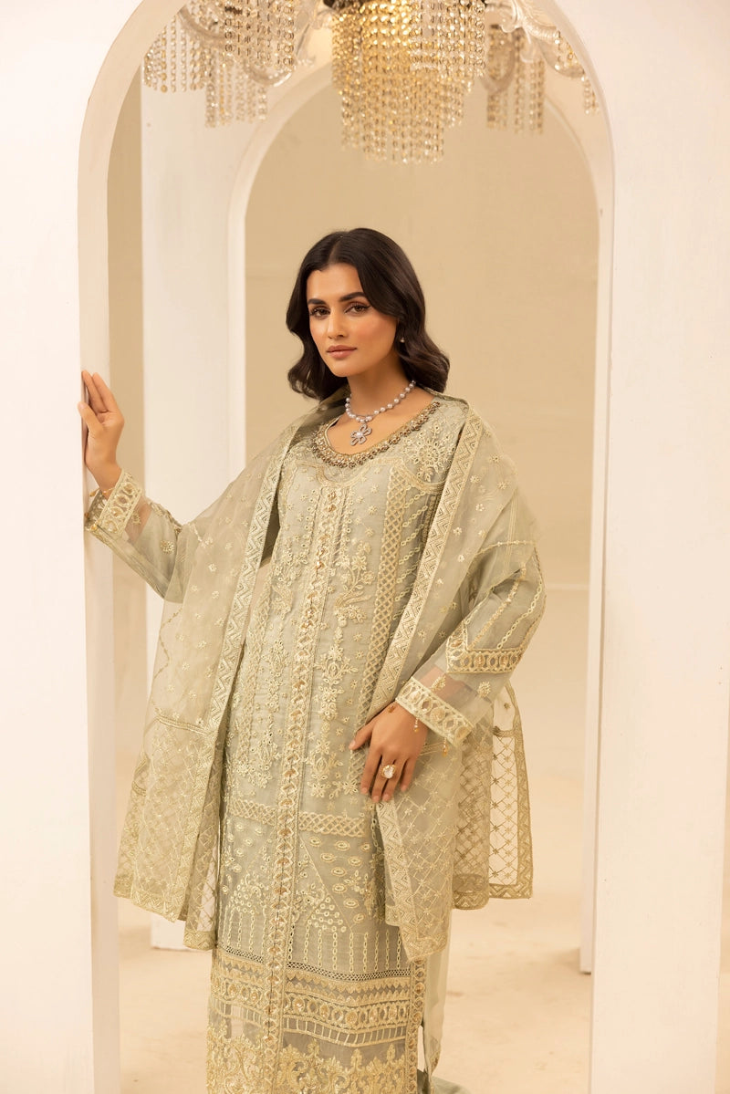 Qalamkar Premium Inspired Embroidered 3 Piece Organza Wedding Outfit Pastel Green - Desi Posh