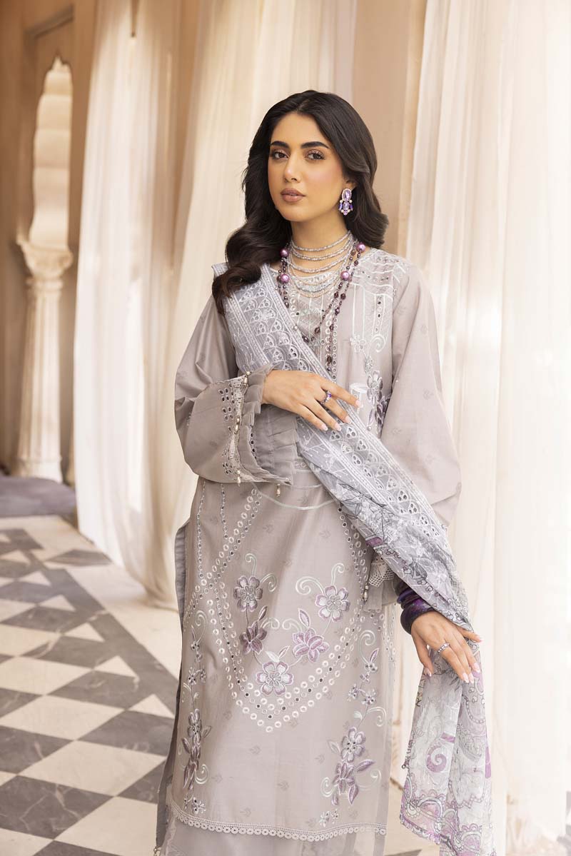 Chikan Kari Embroidered 3 Piece Eid Outfit With Net Dupatta Al606 - Desi Posh