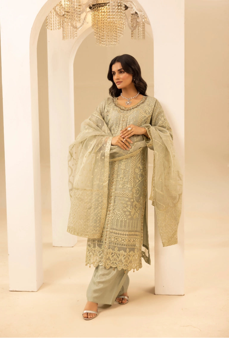 Qalamkar Premium Inspired Embroidered 3 Piece Organza Wedding Outfit Pastel Green - Desi Posh