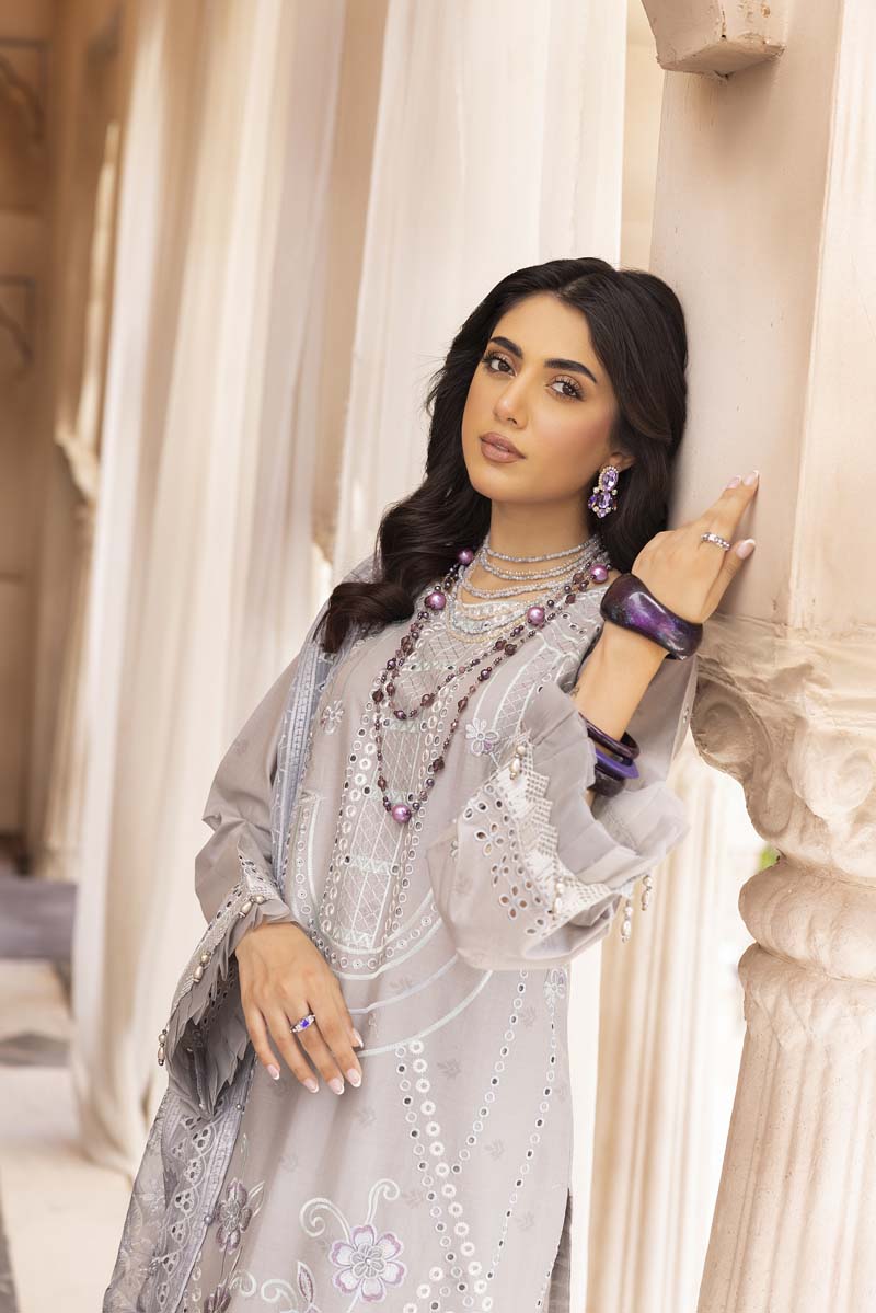 Chikan Kari Embroidered 3 Piece Eid Outfit With Net Dupatta Al606 - Desi Posh