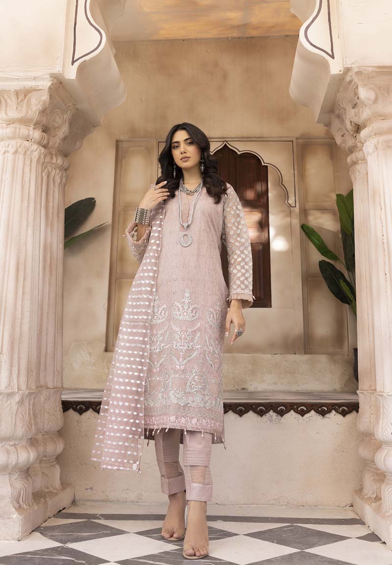 Chikan Kari Embroidered 3 Piece Eid Outfit Dusty Pink Al623 - Desi Posh