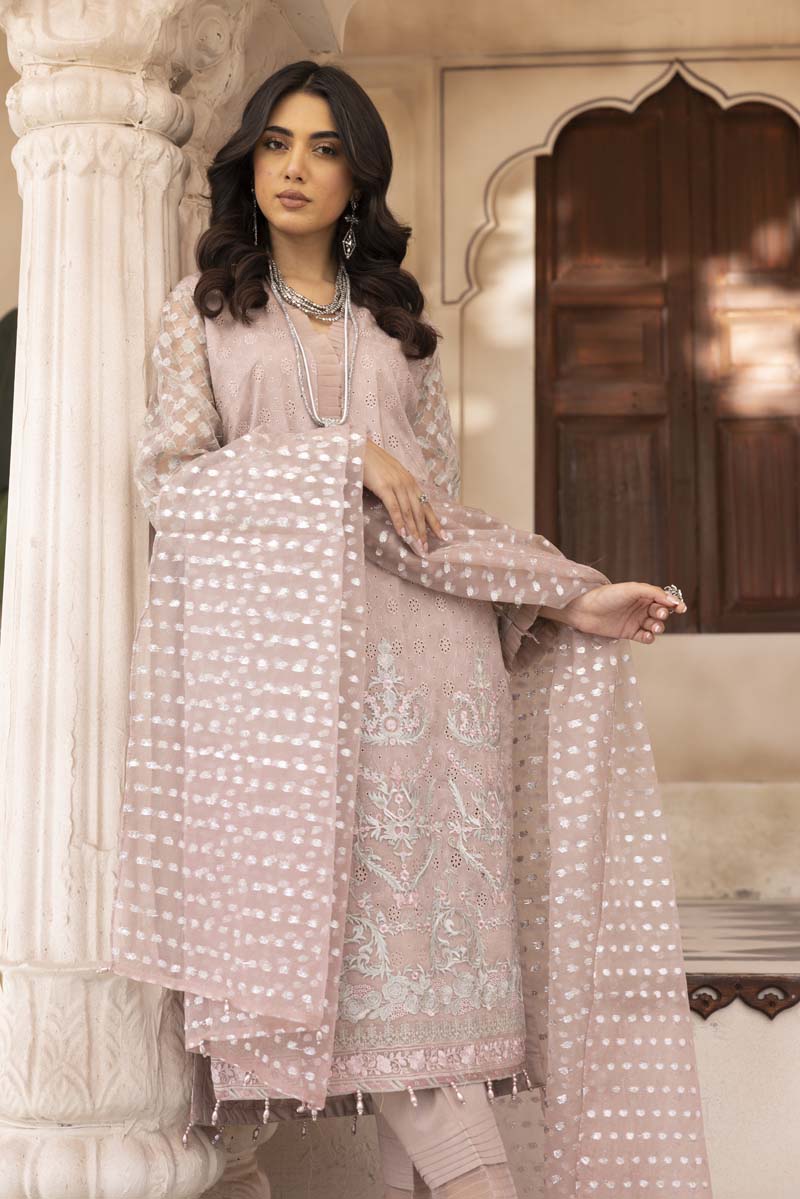 Chikan Kari Embroidered 3 Piece Eid Outfit Dusty Pink Al623 - Desi Posh