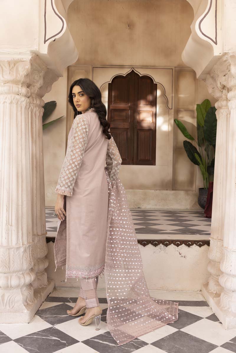 Chikan Kari Embroidered 3 Piece Eid Outfit Dusty Pink Al623 - Desi Posh