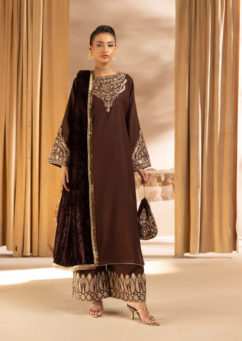 Glamour Dhanak Winter Collection 3 Piece Chocolate Brown Party Suit with Velvet Shawl