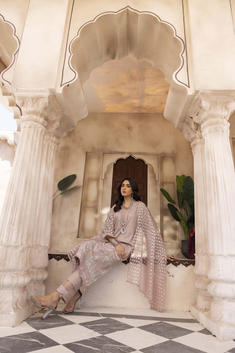 Chikan Kari Embroidered 3 Piece Eid Outfit Dusty Pink Al623 - Desi Posh