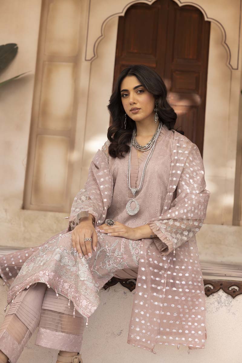 Chikan Kari Embroidered 3 Piece Eid Outfit Dusty Pink Al623 - Desi Posh