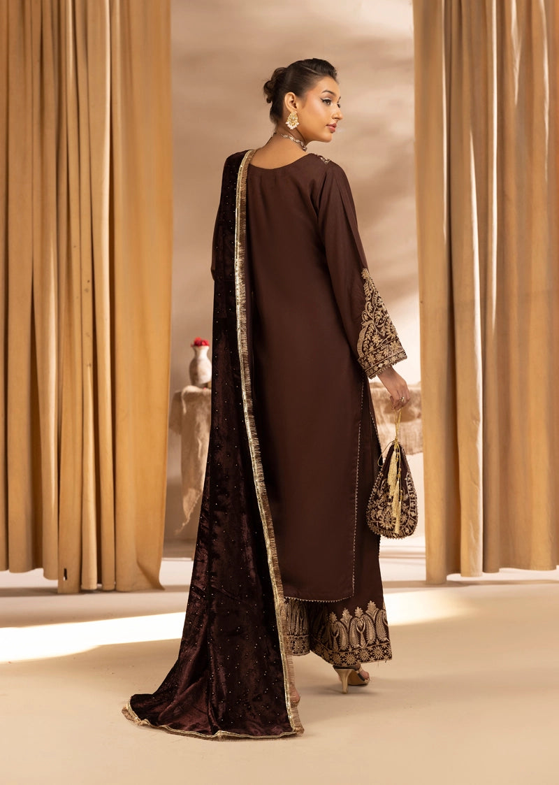 Glamour Dhanak Winter Collection 3 Piece Chocolate Brown Party Suit with Velvet Shawl