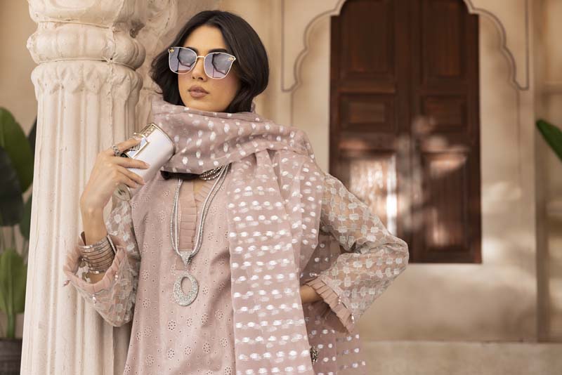 Chikan Kari Embroidered 3 Piece Eid Outfit Dusty Pink Al623 - Desi Posh