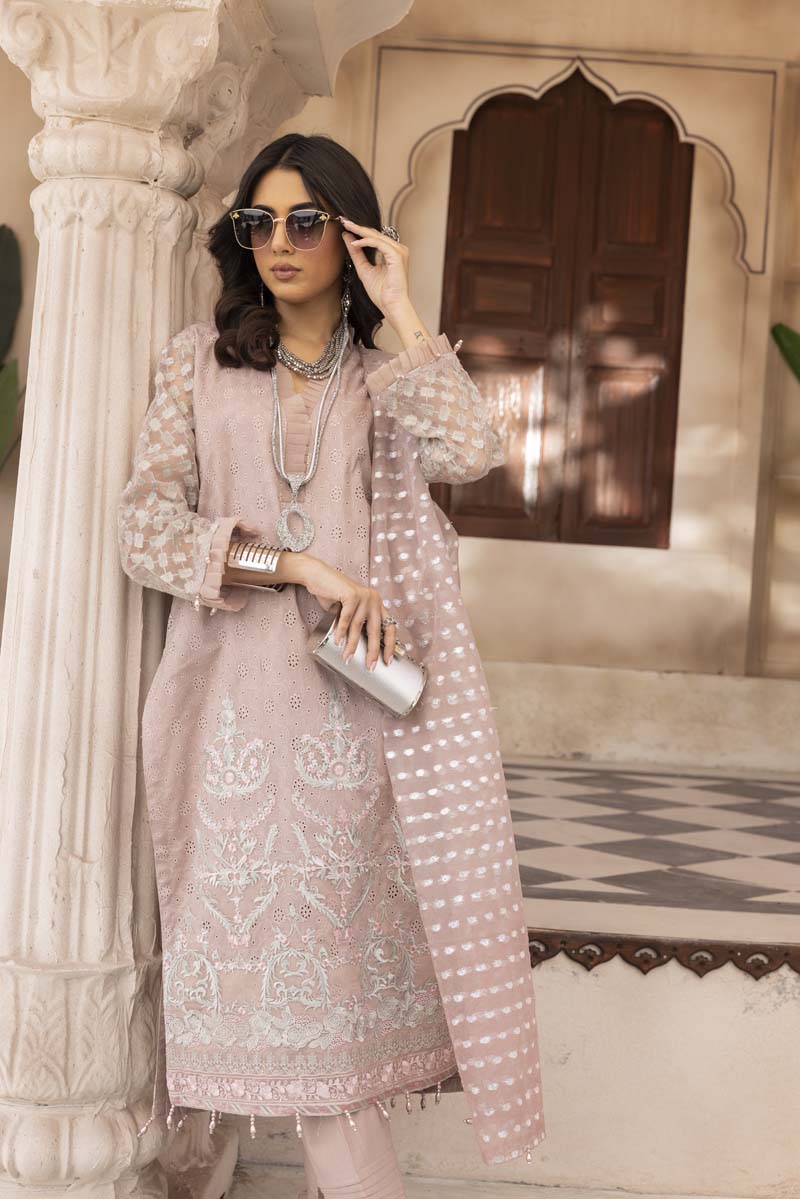 Chikan Kari Embroidered 3 Piece Eid Outfit Dusty Pink Al623 - Desi Posh