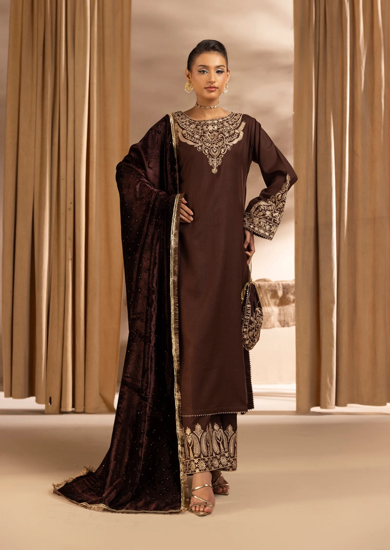 Glamour Dhanak Winter Collection 3 Piece Chocolate Brown Party Suit with Velvet Shawl