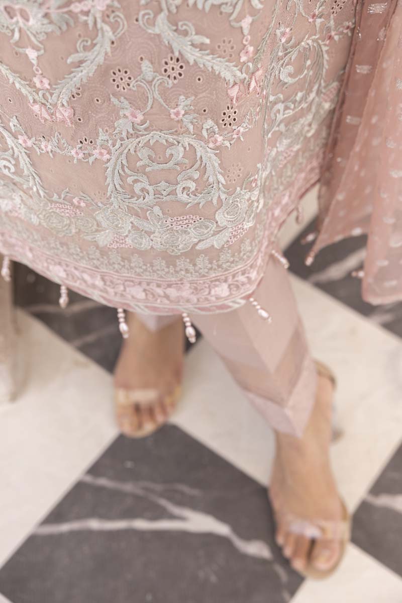 Chikan Kari Embroidered 3 Piece Eid Outfit Dusty Pink Al623 - Desi Posh