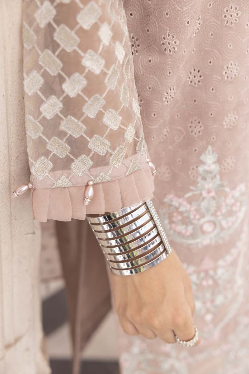 Chikan Kari Embroidered 3 Piece Eid Outfit Dusty Pink Al623 - Desi Posh