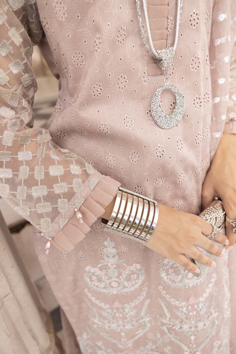 Chikan Kari Embroidered 3 Piece Eid Outfit Dusty Pink Al623 - Desi Posh