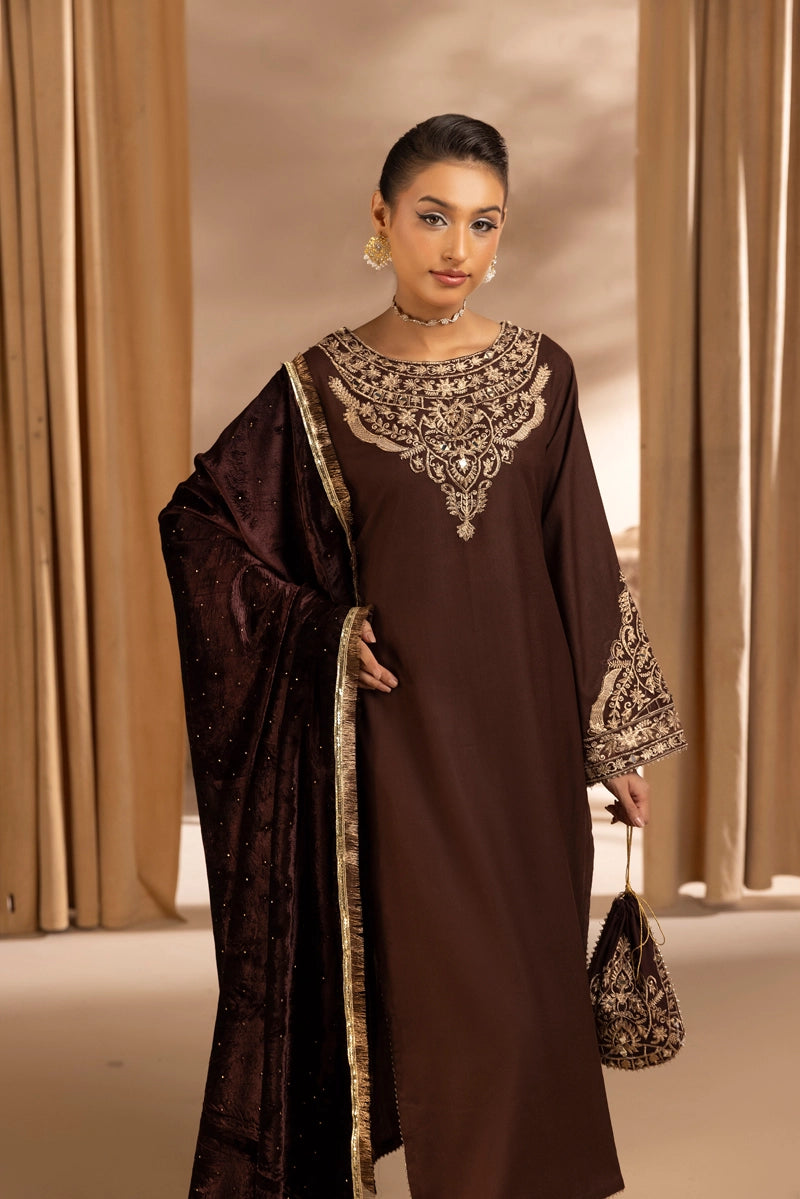 Glamour Dhanak Winter Collection 3 Piece Chocolate Brown Party Suit with Velvet Shawl