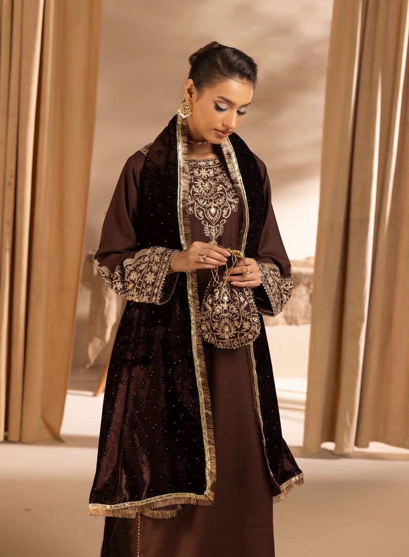 Glamour Dhanak Winter Collection 3 Piece Chocolate Brown Party Suit with Velvet Shawl