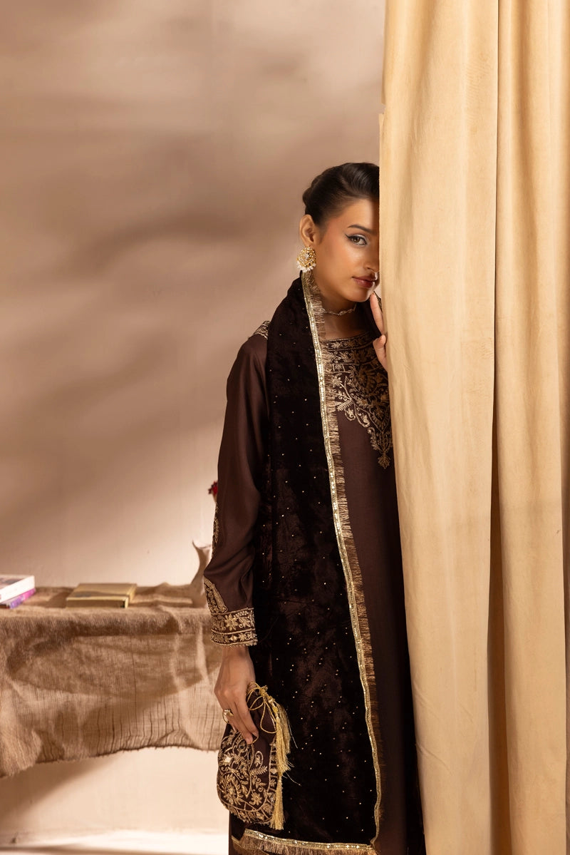 Glamour Dhanak Winter Collection 3 Piece Chocolate Brown Party Suit with Velvet Shawl