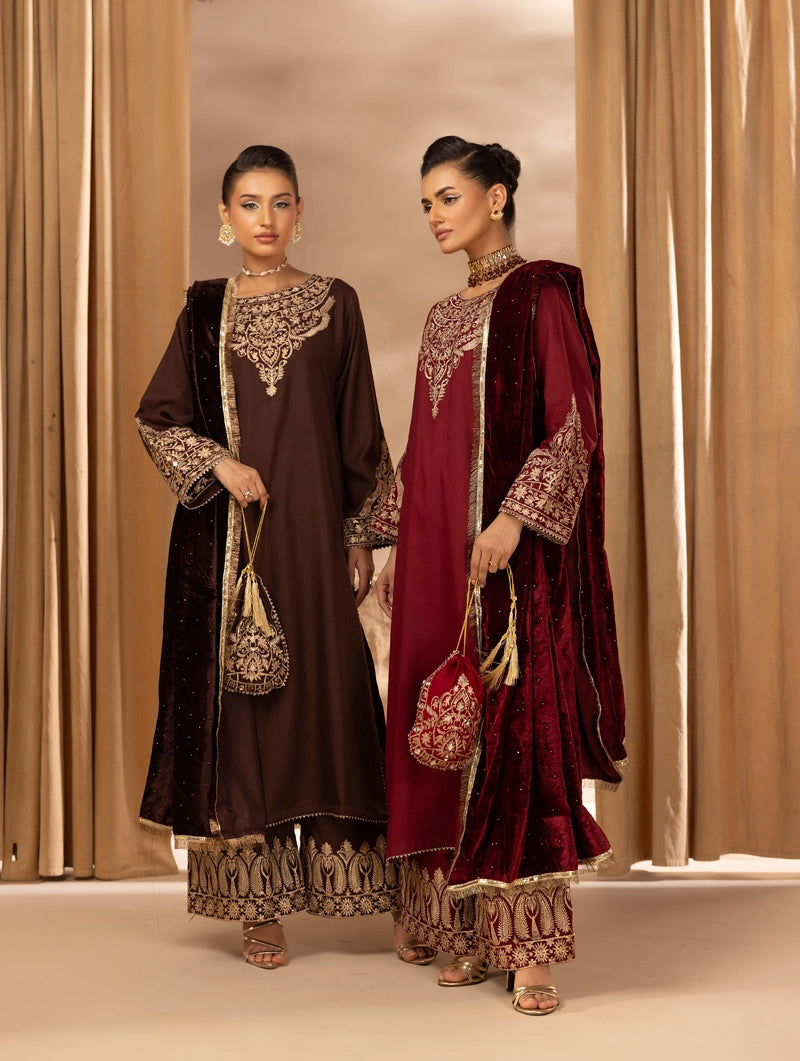 Glamour Dhanak Winter Collection 3 Piece Chocolate Brown Party Suit with Velvet Shawl