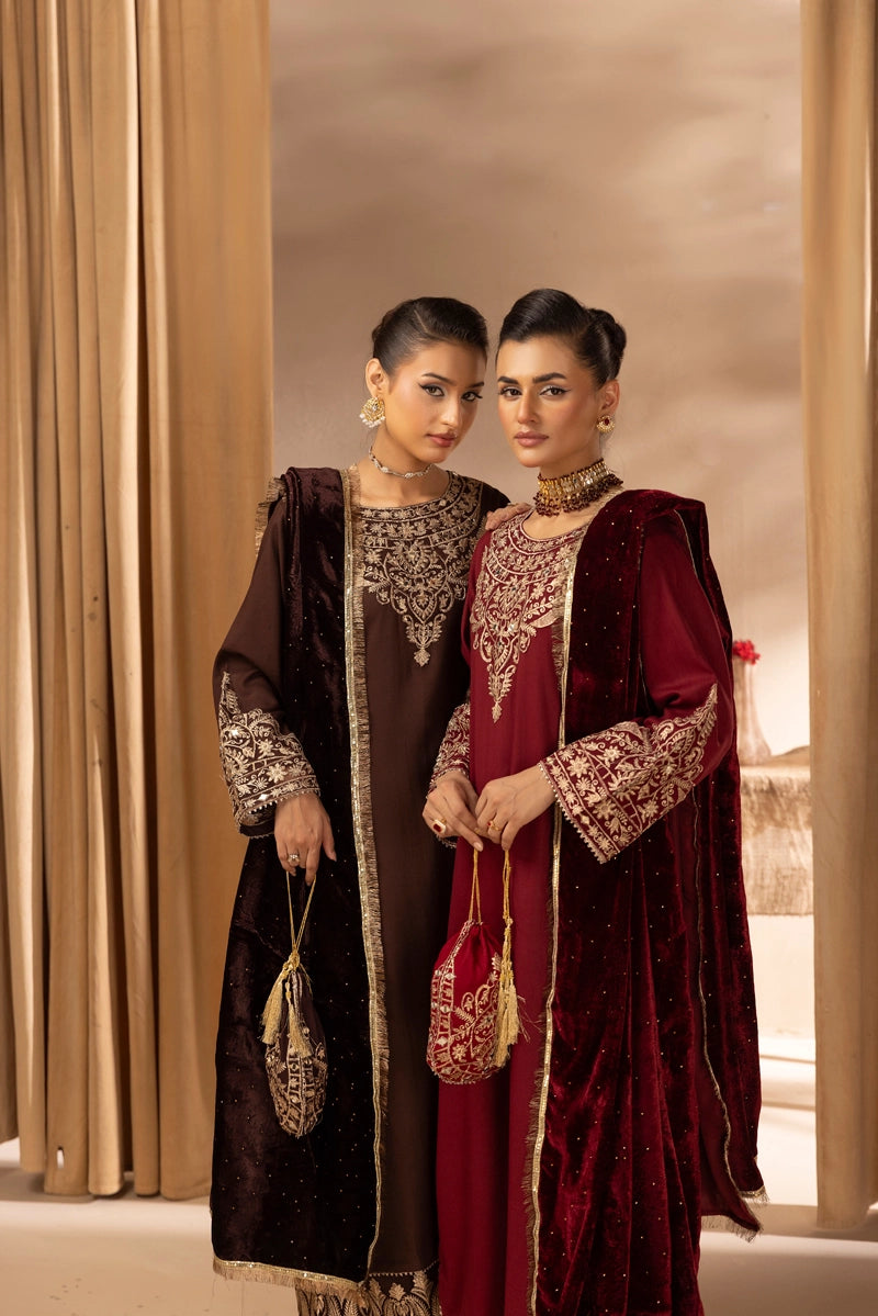 Glamour Dhanak Winter Collection 3 Piece Chocolate Brown Party Suit with Velvet Shawl