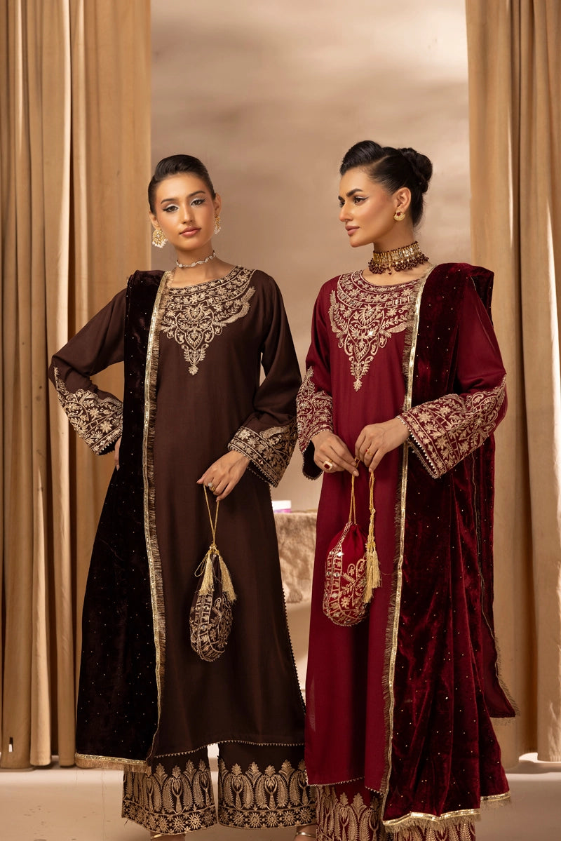 Glamour Dhanak Winter Collection 3 Piece Chocolate Brown Party Suit with Velvet Shawl