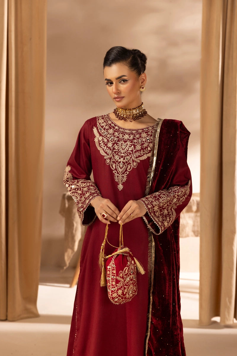 Glamour Dhanak Winter Collection 3 Piece Maroon Party Suit with Velvet Shawl