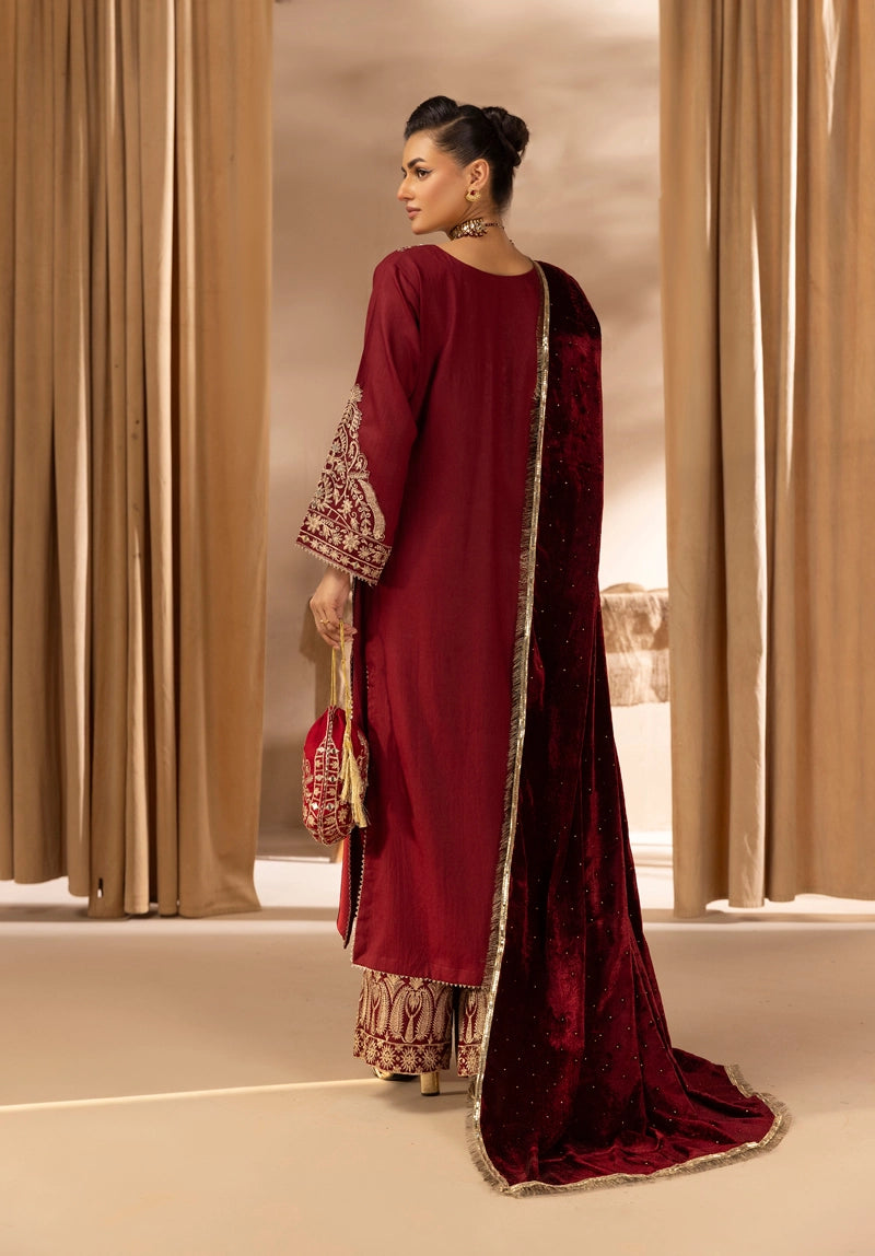 Glamour Dhanak Winter Collection 3 Piece Maroon Party Suit with Velvet Shawl