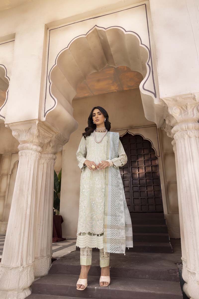 Chikan Kari Embroidered 3 Piece Eid Outfit Light Mint Al605 - Desi Posh