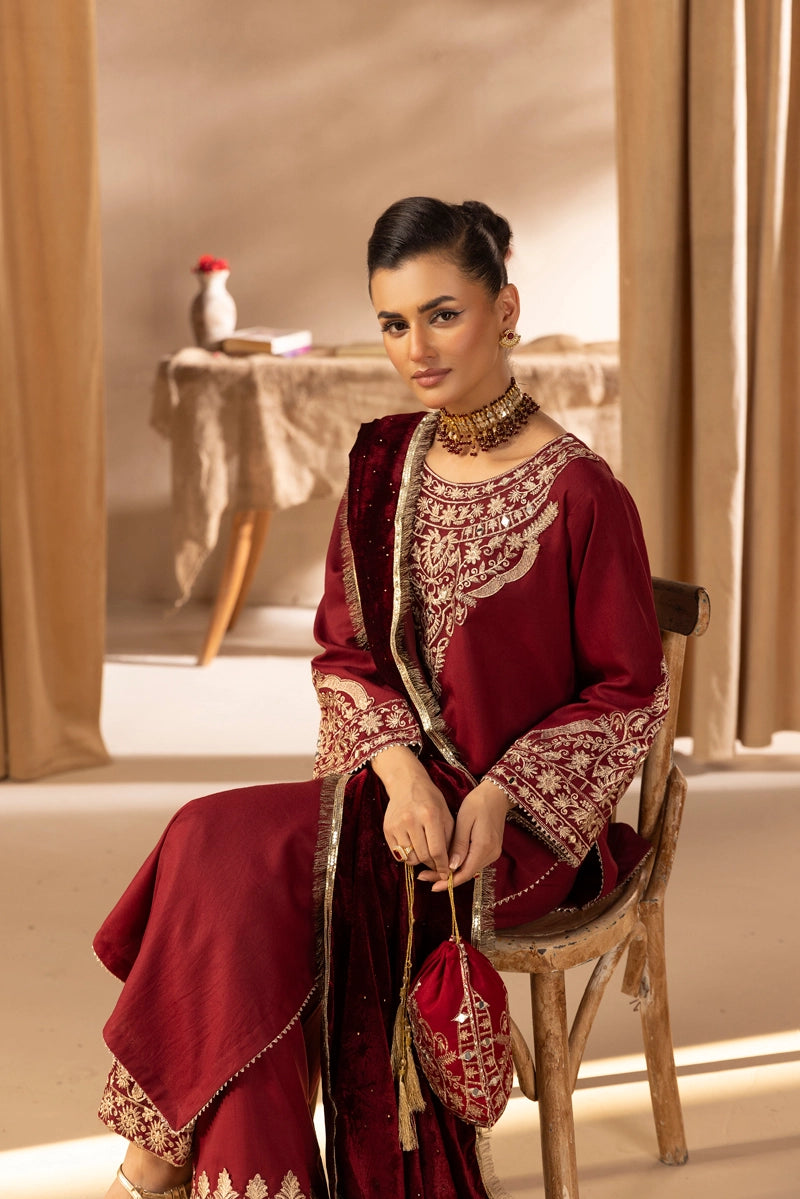 Glamour Dhanak Winter Collection 3 Piece Maroon Party Suit with Velvet Shawl