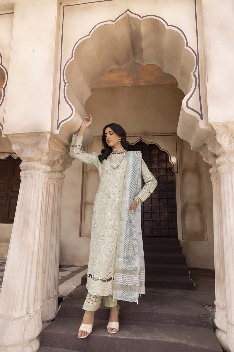 Chikan Kari Embroidered 3 Piece Eid Outfit Light Mint Al605 - Desi Posh