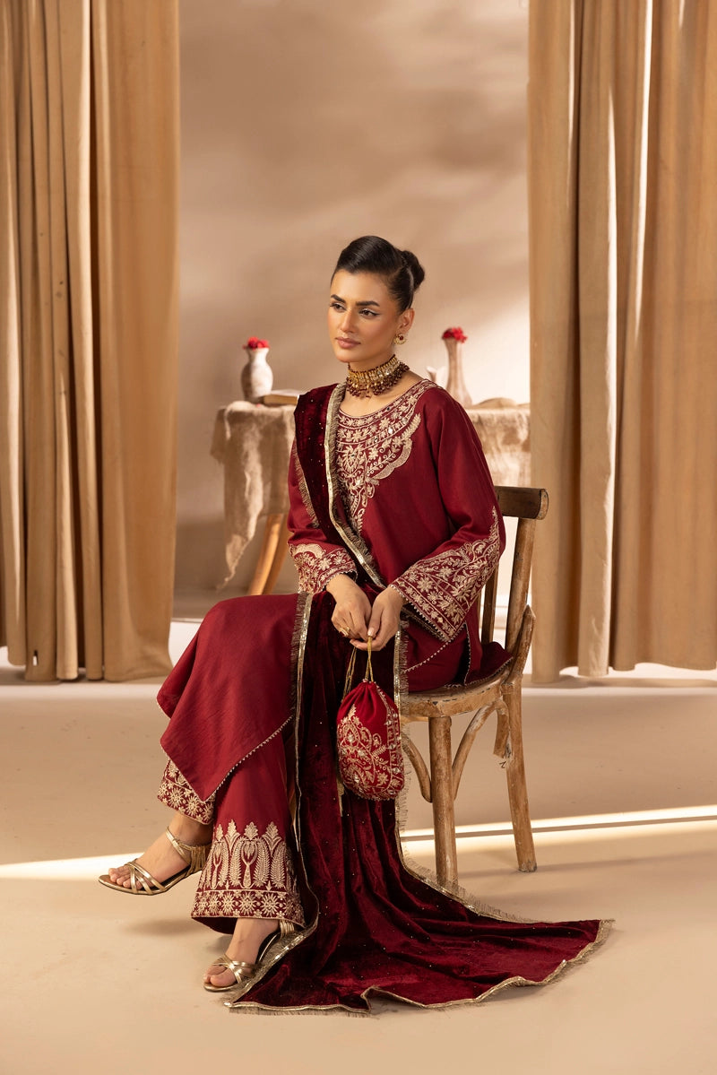 Glamour Dhanak Winter Collection 3 Piece Maroon Party Suit with Velvet Shawl