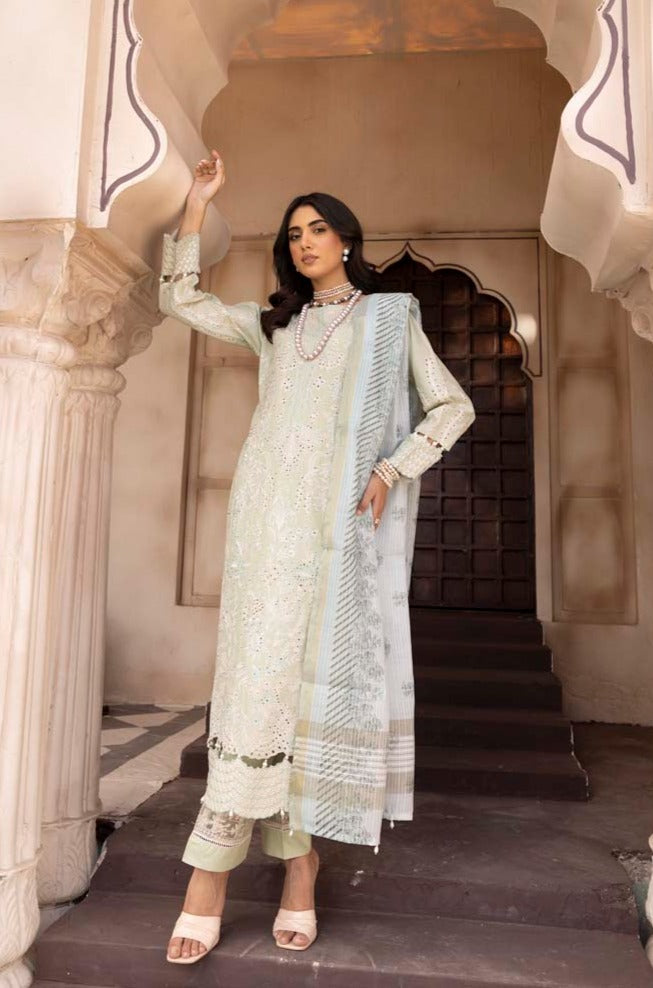 Chikan Kari Embroidered 3 Piece Eid Outfit Light Mint Al605 - Desi Posh