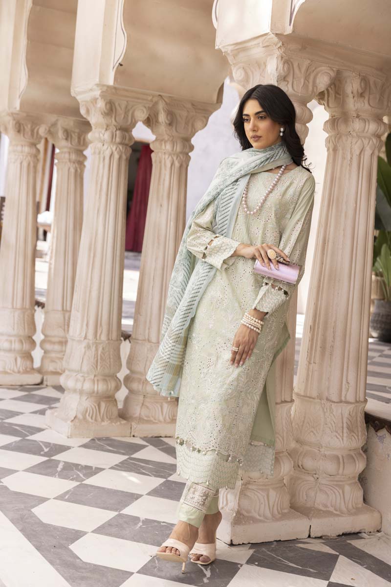Chikan Kari Embroidered 3 Piece Eid Outfit Light Mint Al605 - Desi Posh