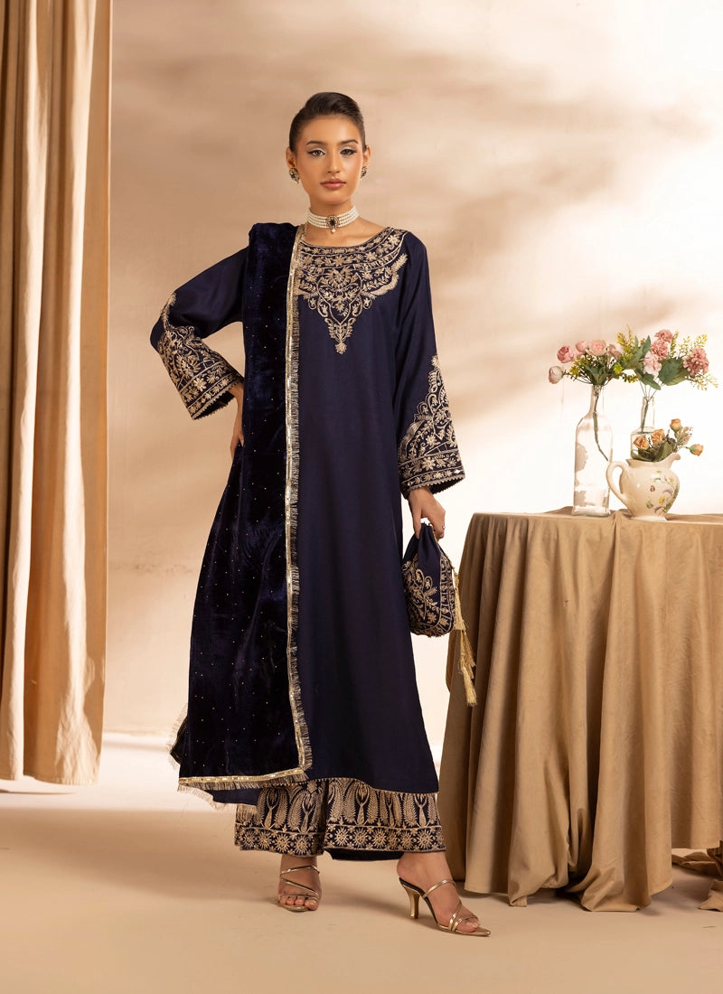 Glamour Dhanak Winter Collection 3 Piece Navy Party Suit with Velvet Shawl