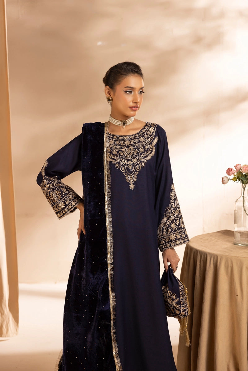 Glamour Dhanak Winter Collection 3 Piece Navy Party Suit with Velvet Shawl