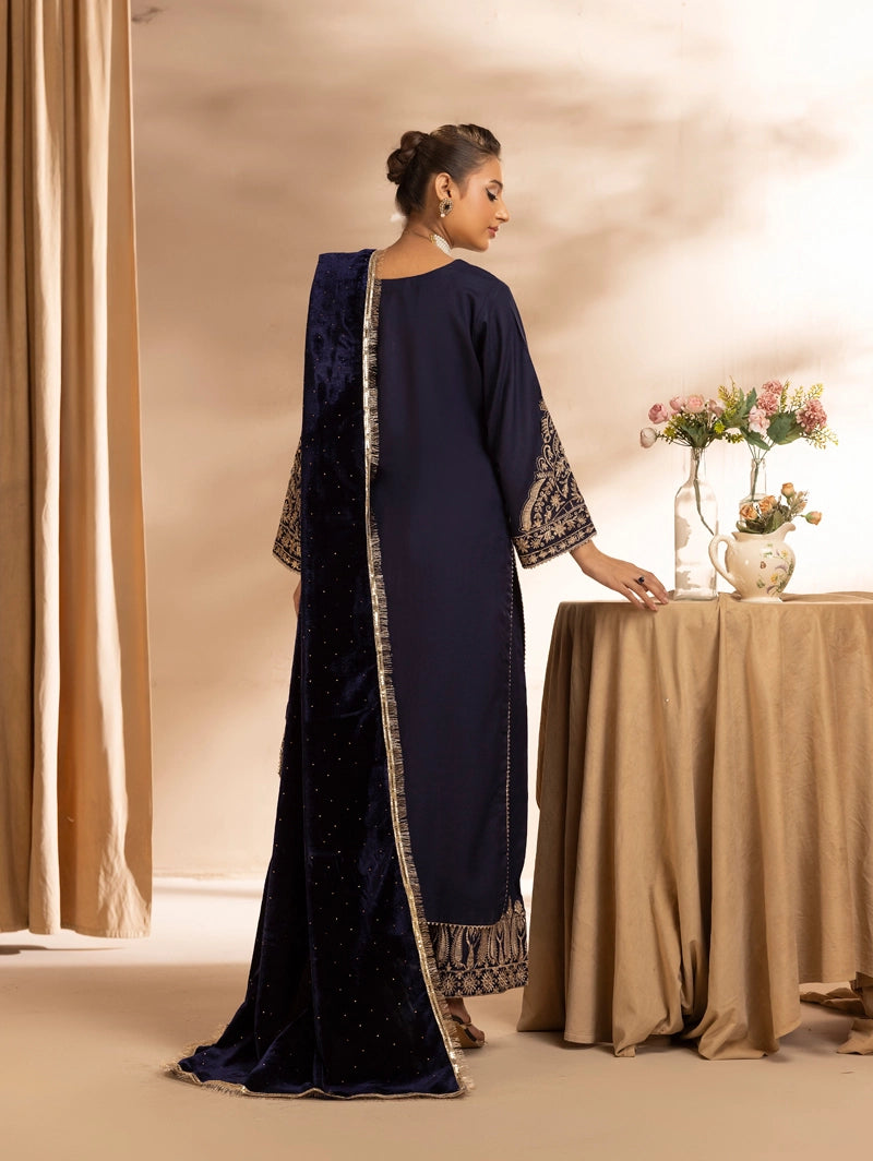 Glamour Dhanak Winter Collection 3 Piece Navy Party Suit with Velvet Shawl