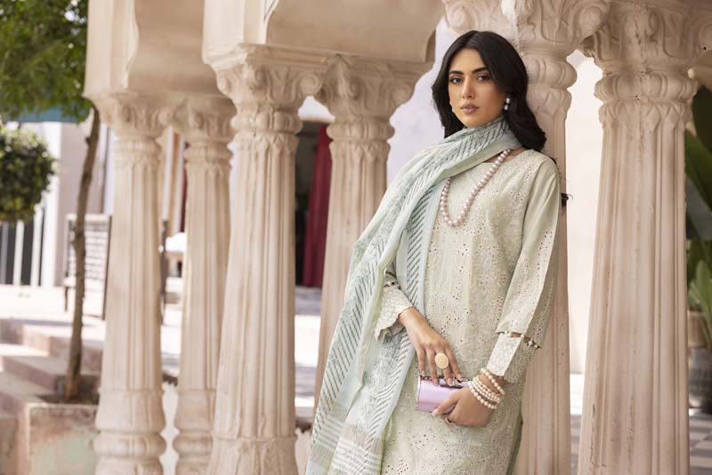 Chikan Kari Embroidered 3 Piece Eid Outfit Light Mint Al605 - Desi Posh