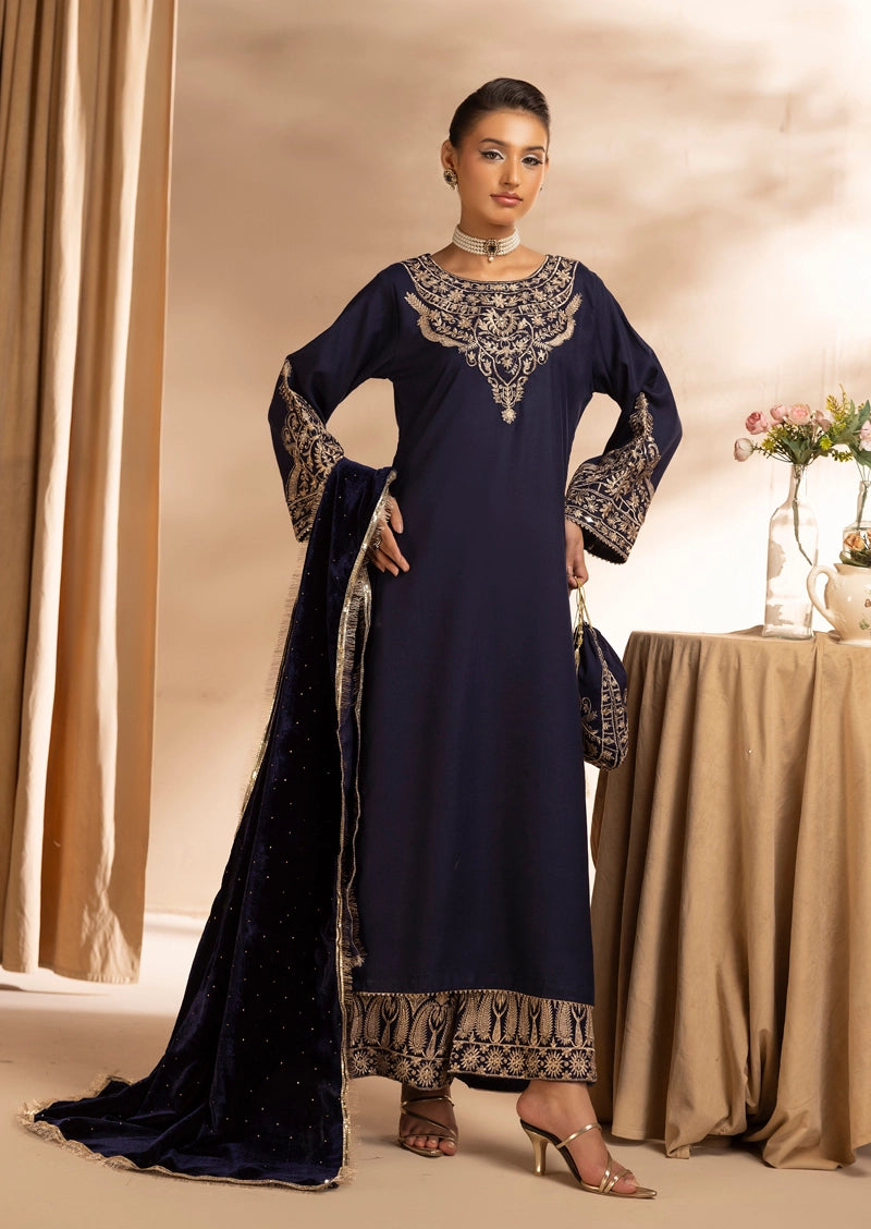 Glamour Dhanak Winter Collection 3 Piece Navy Party Suit with Velvet Shawl