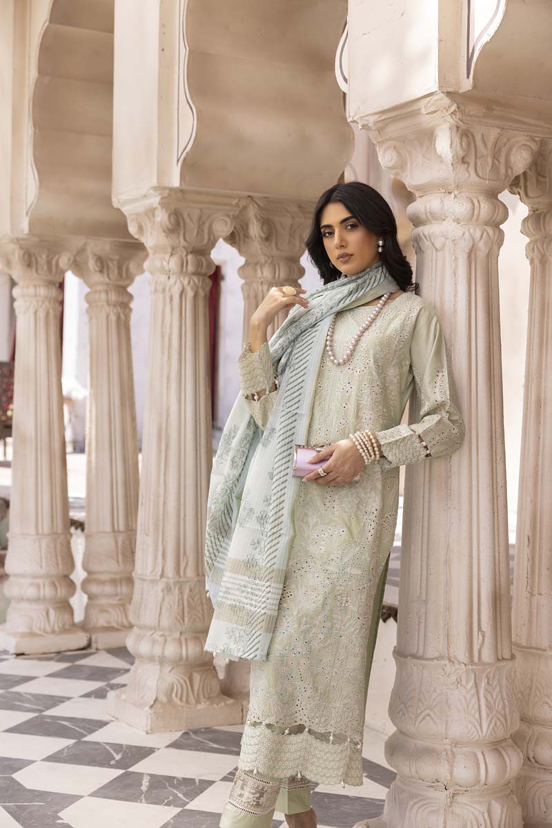 Chikan Kari Embroidered 3 Piece Eid Outfit Light Mint Al605 - Desi Posh