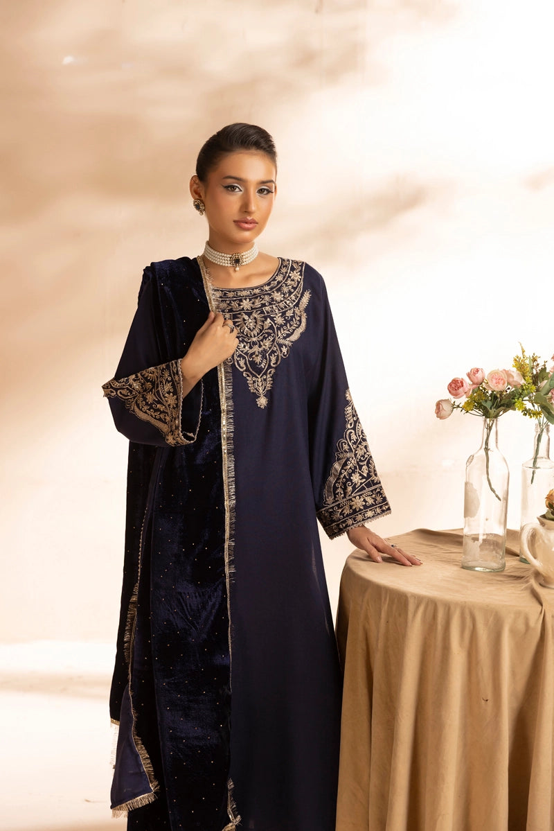Glamour Dhanak Winter Collection 3 Piece Navy Party Suit with Velvet Shawl