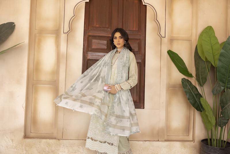 Chikan Kari Embroidered 3 Piece Eid Outfit Light Mint Al605 - Desi Posh