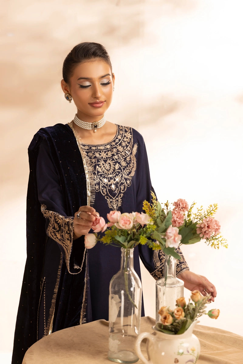 Glamour Dhanak Winter Collection 3 Piece Navy Party Suit with Velvet Shawl
