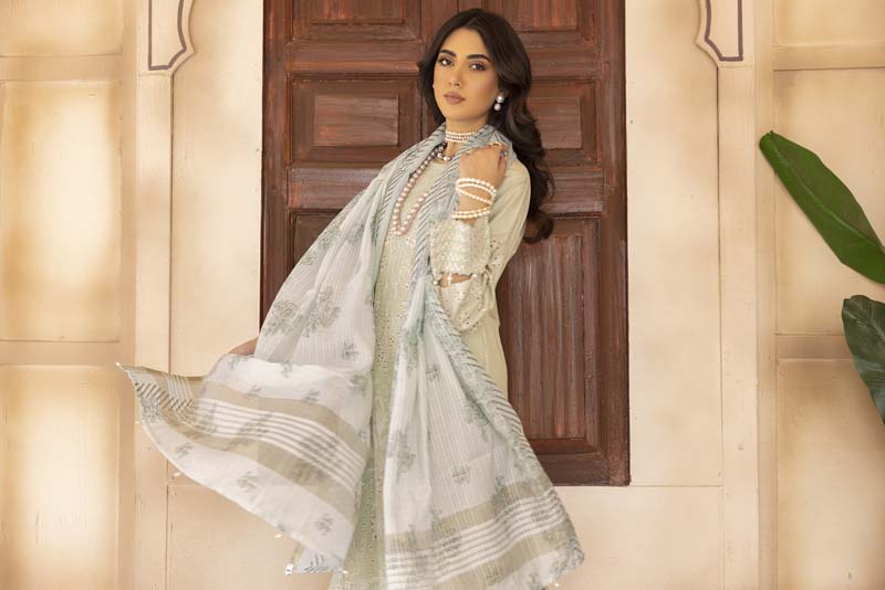 Chikan Kari Embroidered 3 Piece Eid Outfit Light Mint Al605 - Desi Posh