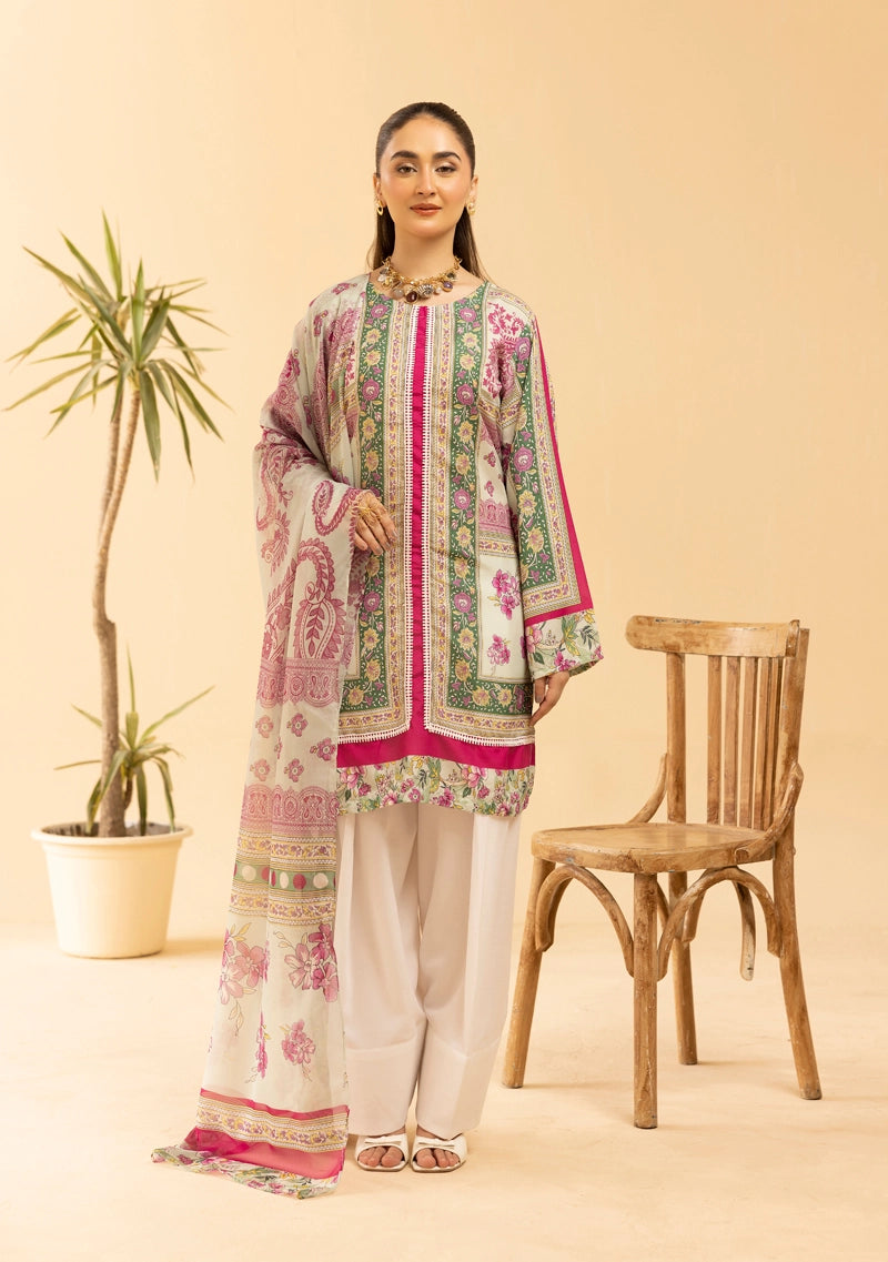 Woman wearing a floral embroidered outfit with a beige background