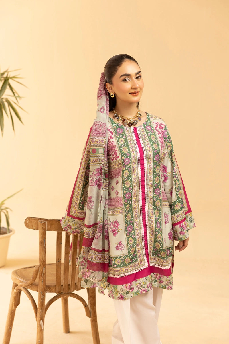 Woman wearing a floral embroidered outfit with a beige background
