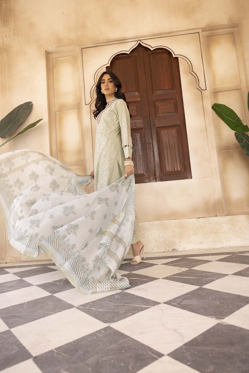 Chikan Kari Embroidered 3 Piece Eid Outfit Light Mint Al605 - Desi Posh