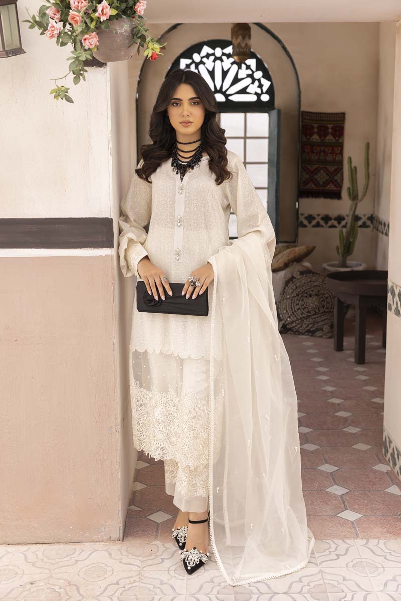 Ally's Luxury Lawn Chikan Kari Eid Suit Off White AL706 - Desi Posh