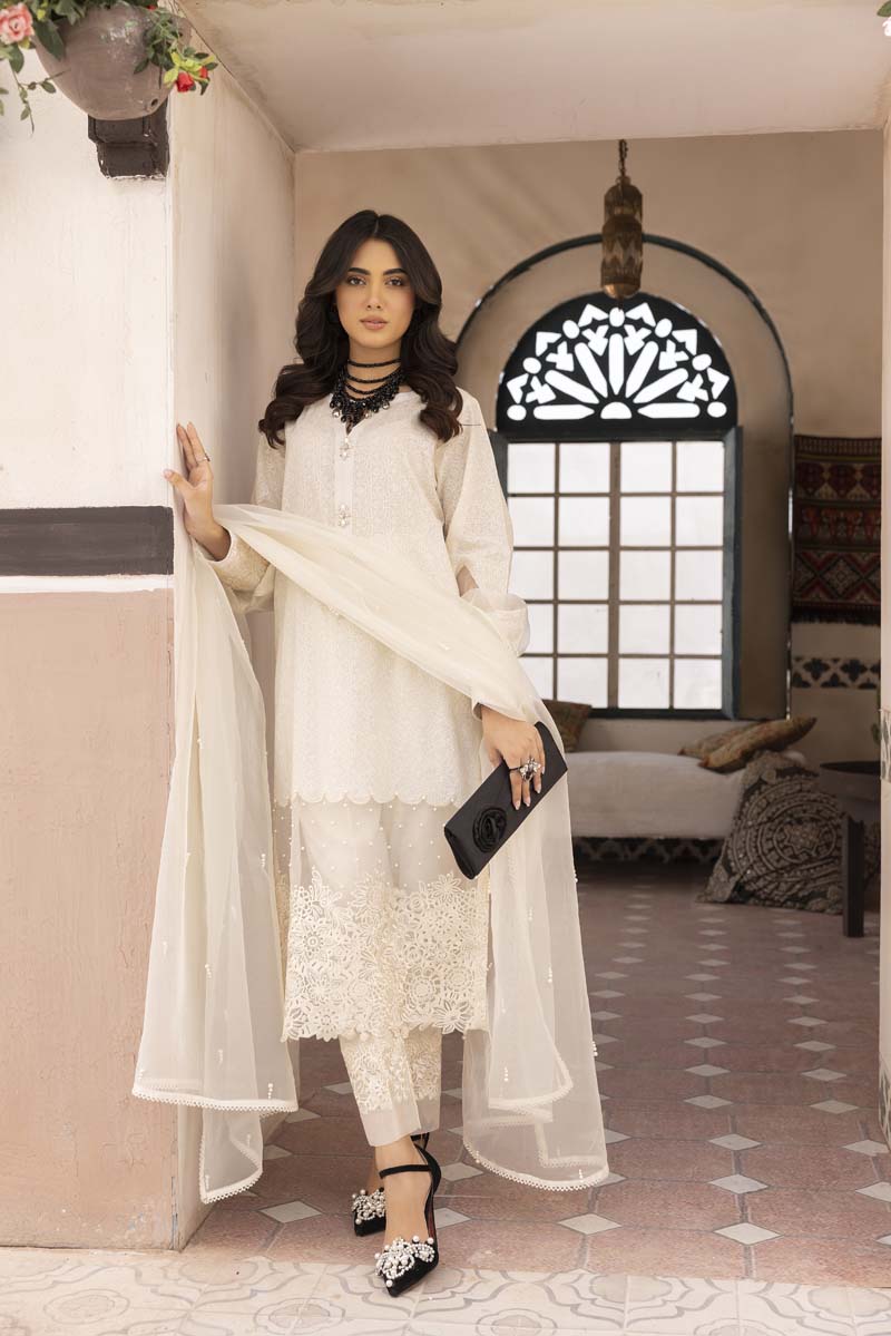 Ally's Luxury Lawn Chikan Kari Eid Suit Off White AL706 - Desi Posh