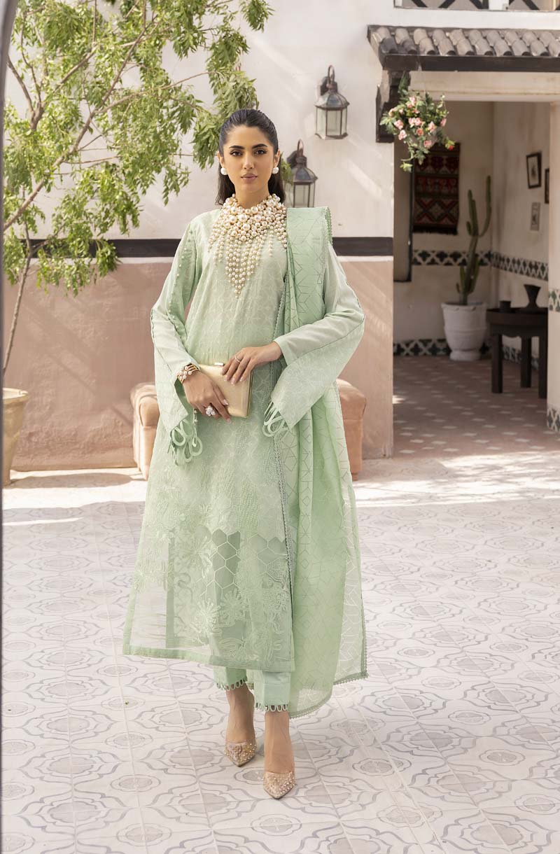 Ally's Luxury Lawn Chikan Kari Eid Suit Mint Green AL709 - Desi Posh