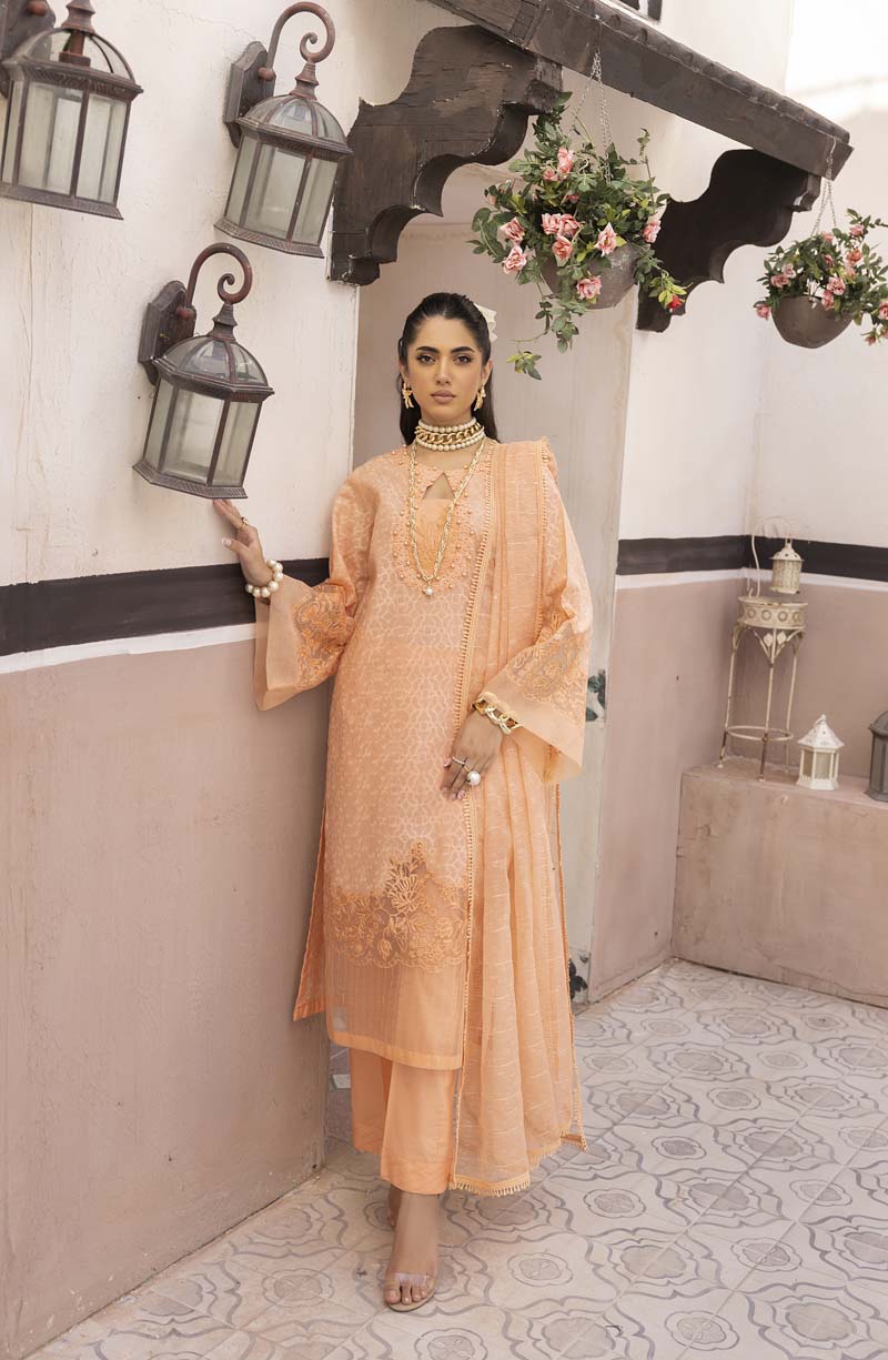 Ally's Luxury Lawn Chikan Kari Eid Suit Peach AL708 - Desi Posh